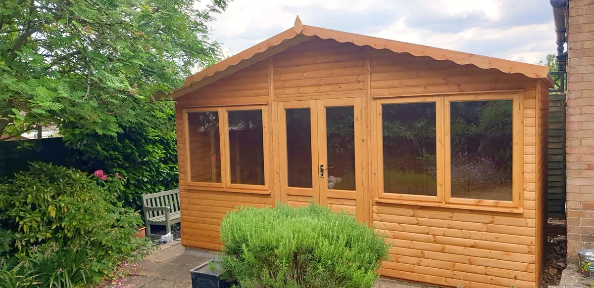 Apex roof garden office with glazed double doors