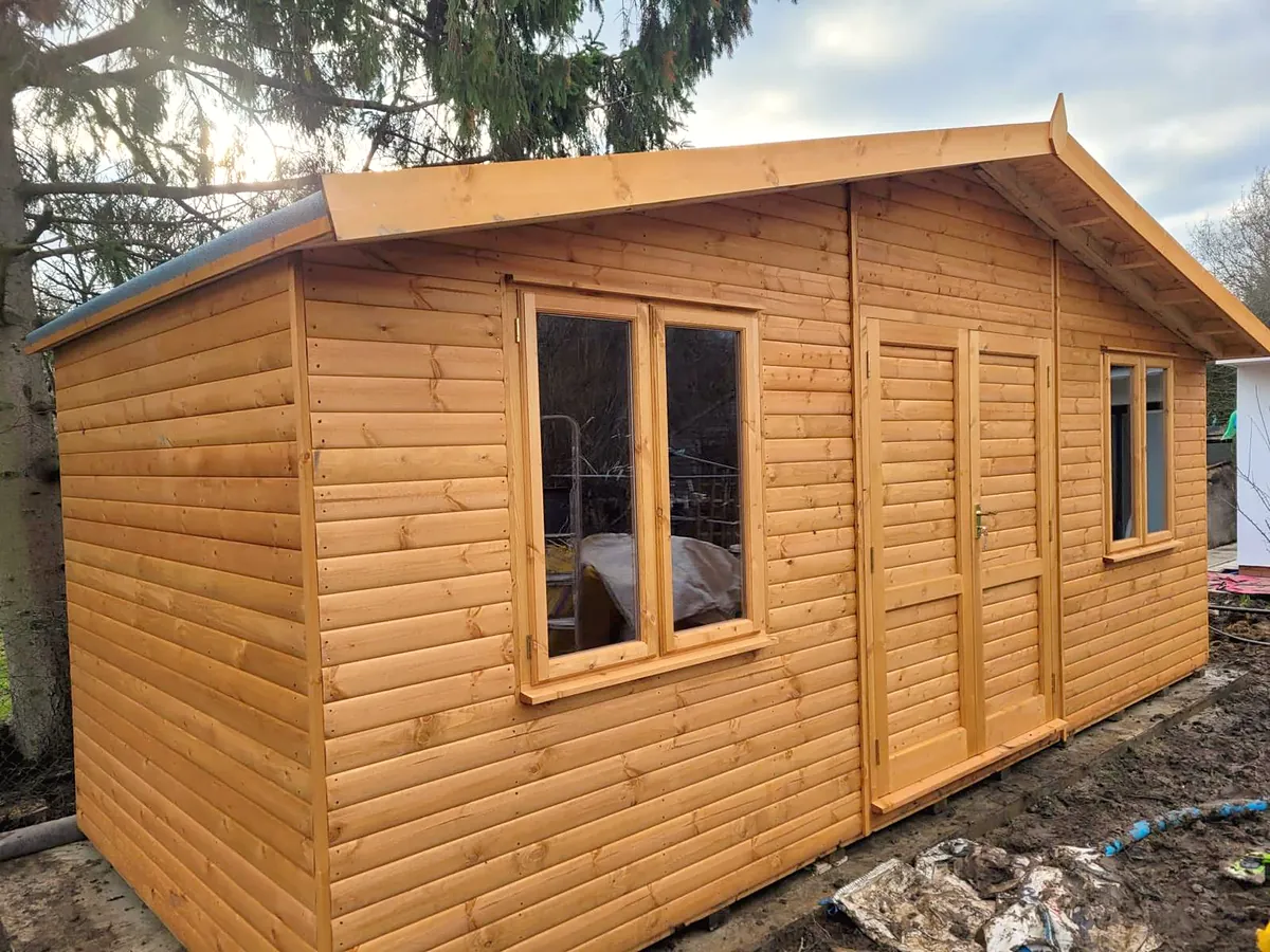 Apex roof garden office with double glazed doors and side window