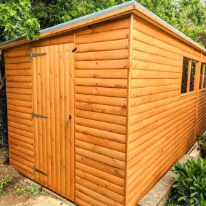 Pent roof garden shed with windows along the side