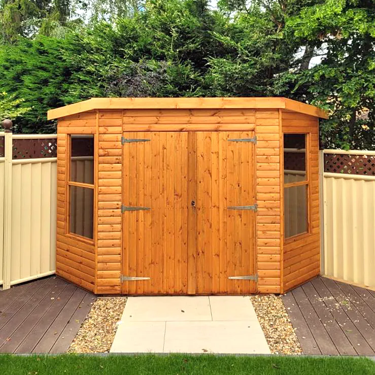 Corner shed with double doors, made to fit a garden corner