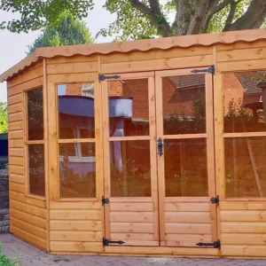 Corner summer house with double doors and windows, pent roof