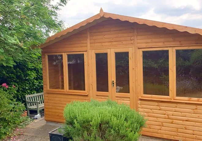 Apex roof garden office with glazed double doors